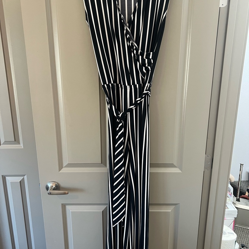 Lauren Ralph Lauren Black and White Diagonal Stripe Jumpsuit